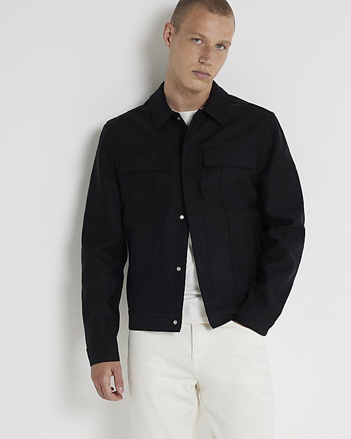 Black regular fit linen blend jacket