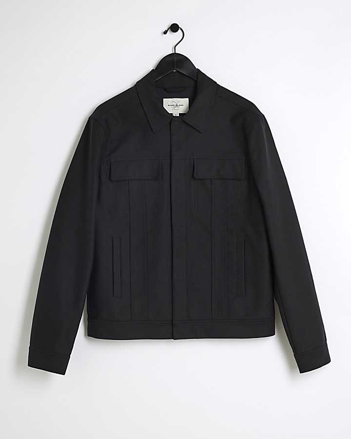 Black regular fit linen blend jacket