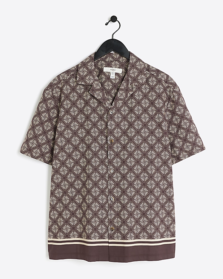 Brown regular fit geometric revere shirt