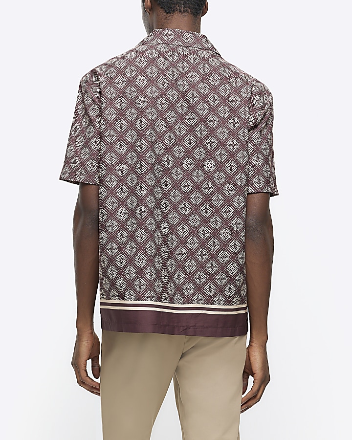 Brown regular fit geometric revere shirt
