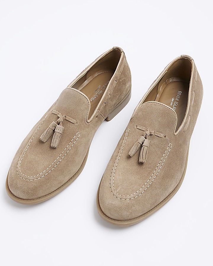 Stone suede tassel loafers River Island