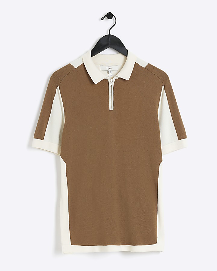Brown slim fit colour block knitted polo
