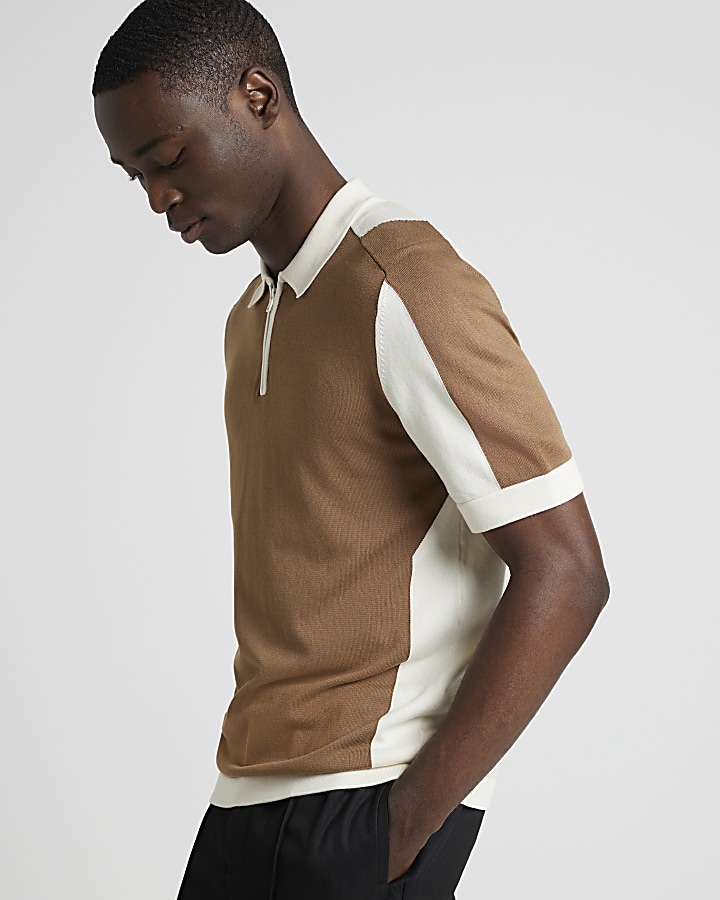 Brown slim fit colour block knitted polo