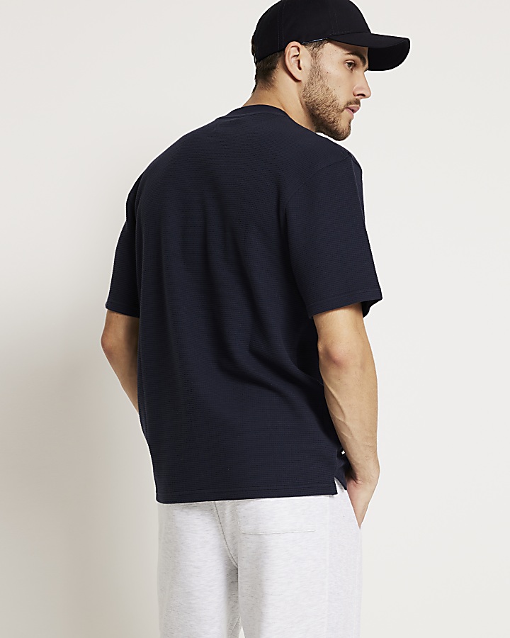 Navy oversized textured embroidered t-shirt