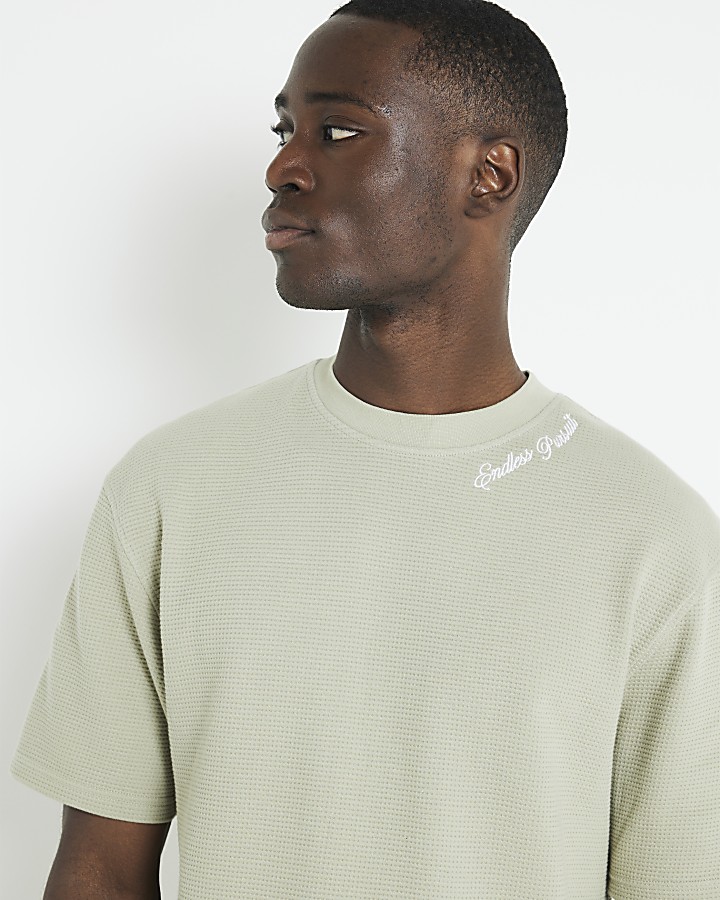 Green oversized textured embroidered t-shirt
