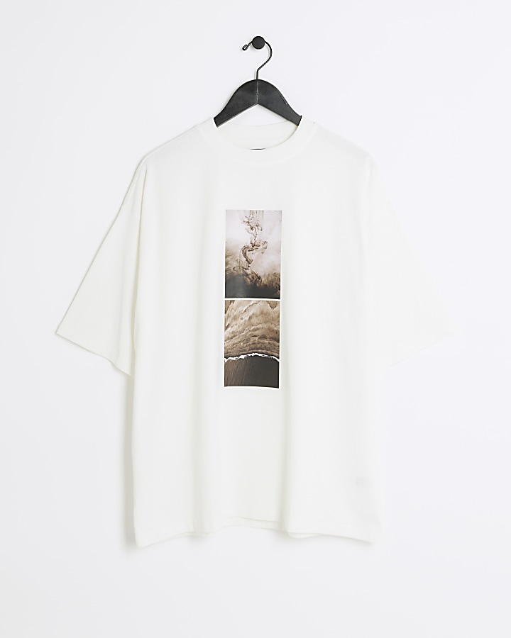 Beige oversized fit graphic patch t-shirt