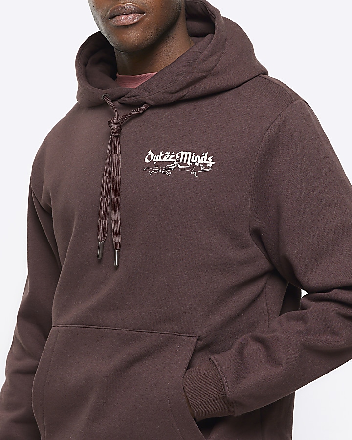 Washed brown regular fit graphic hoodie