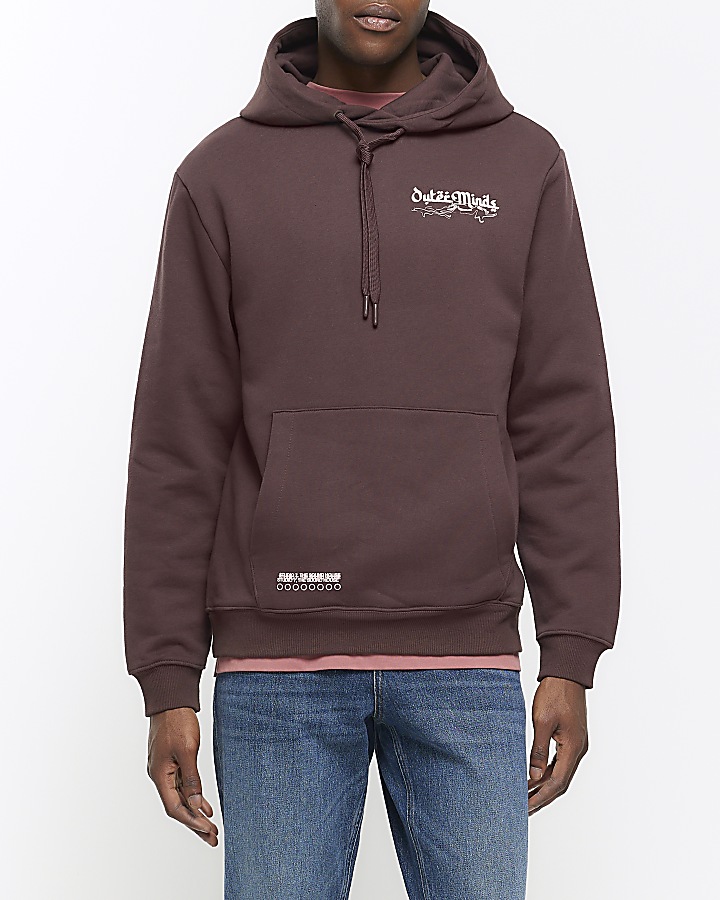 Washed brown regular fit graphic hoodie