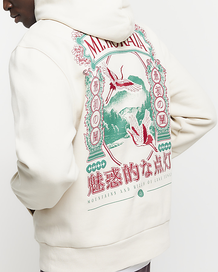 Beige regular fit Japanese graphic hoodie