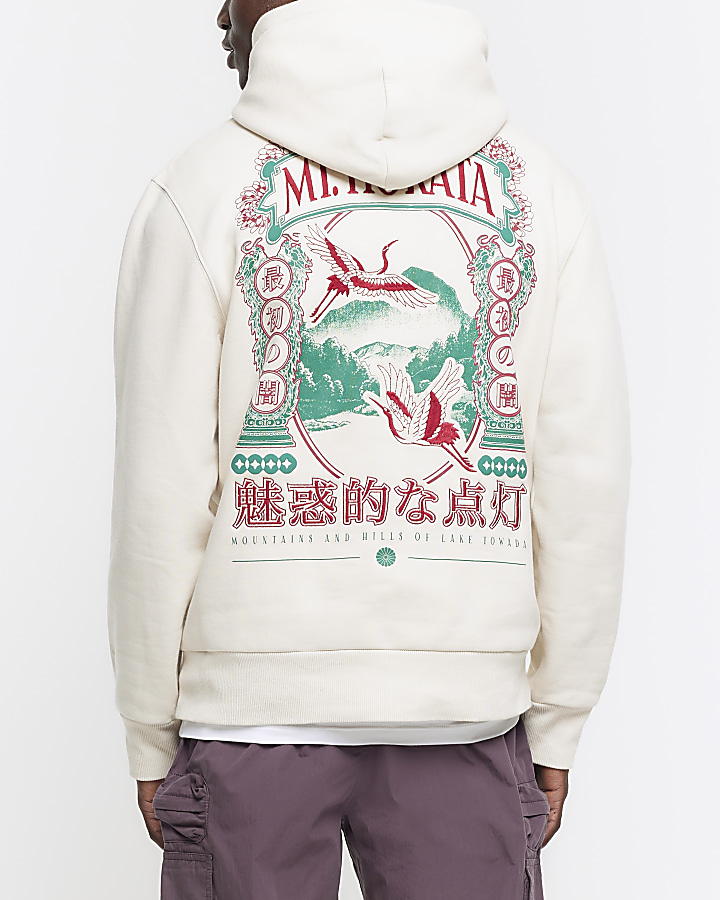Beige regular fit Japanese graphic hoodie
