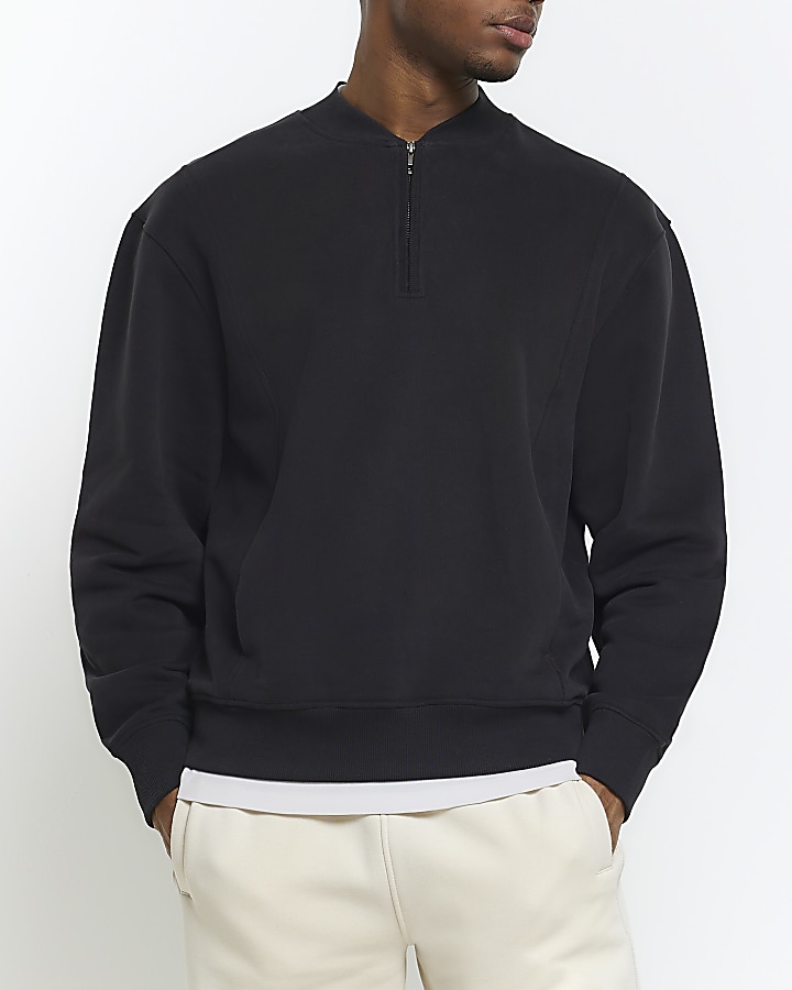 Black regular fit quarter zip sweatshirt River Island