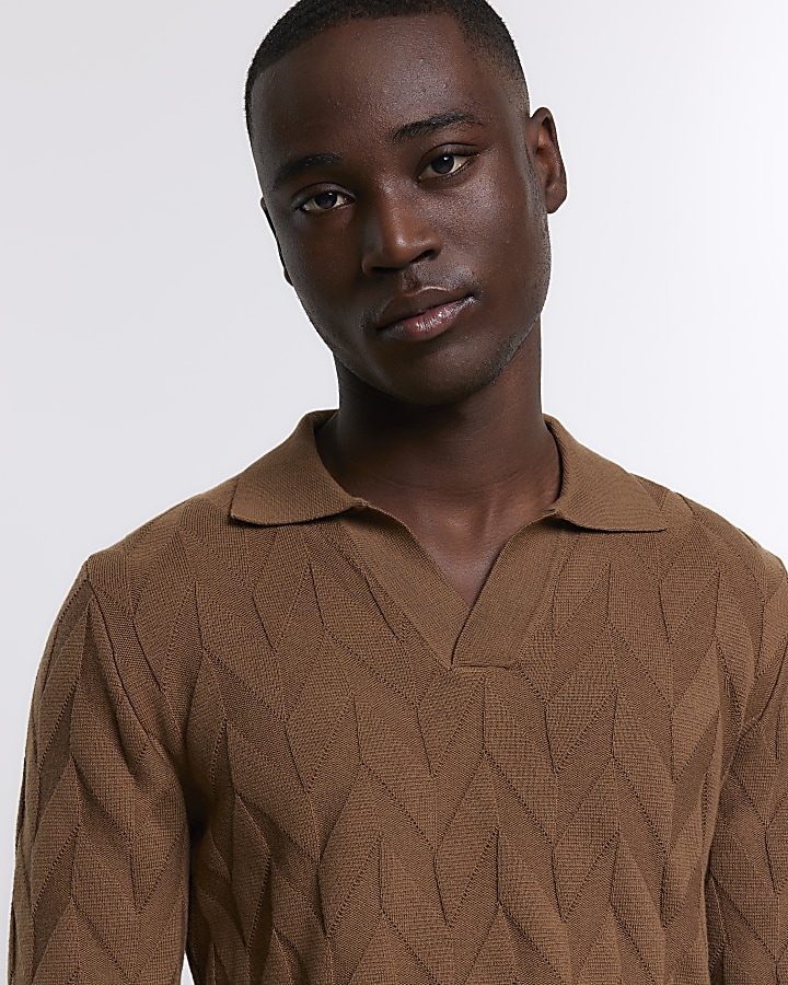 Brown slim fit textured knit long sleeve polo