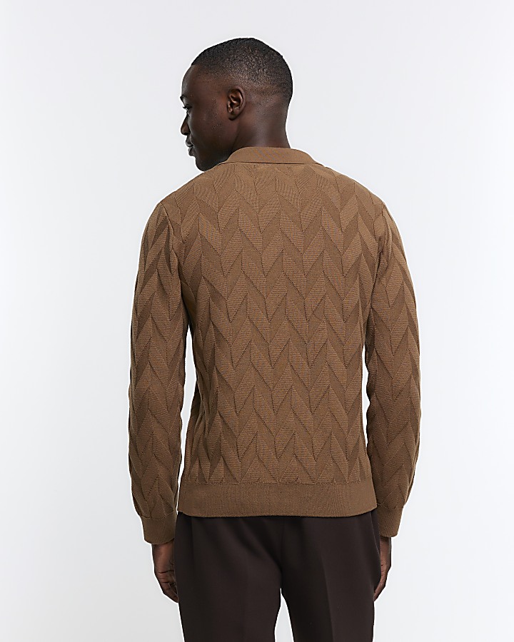 Brown slim fit textured knit long sleeve polo