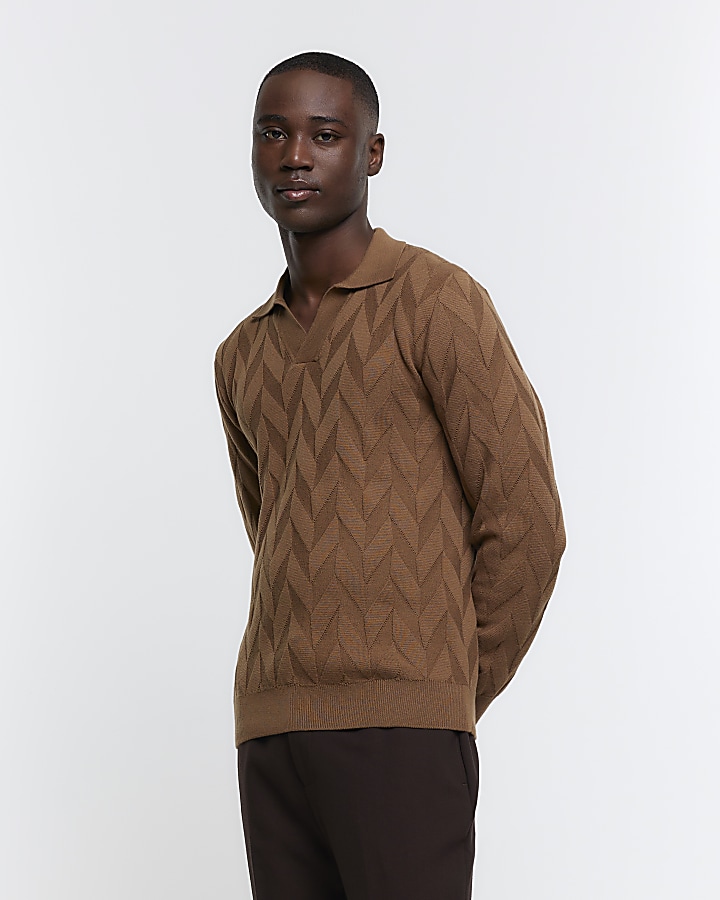 Brown slim fit textured knit long sleeve polo