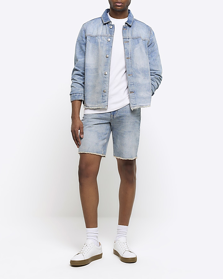 Blue straight fit raw hem denim shorts