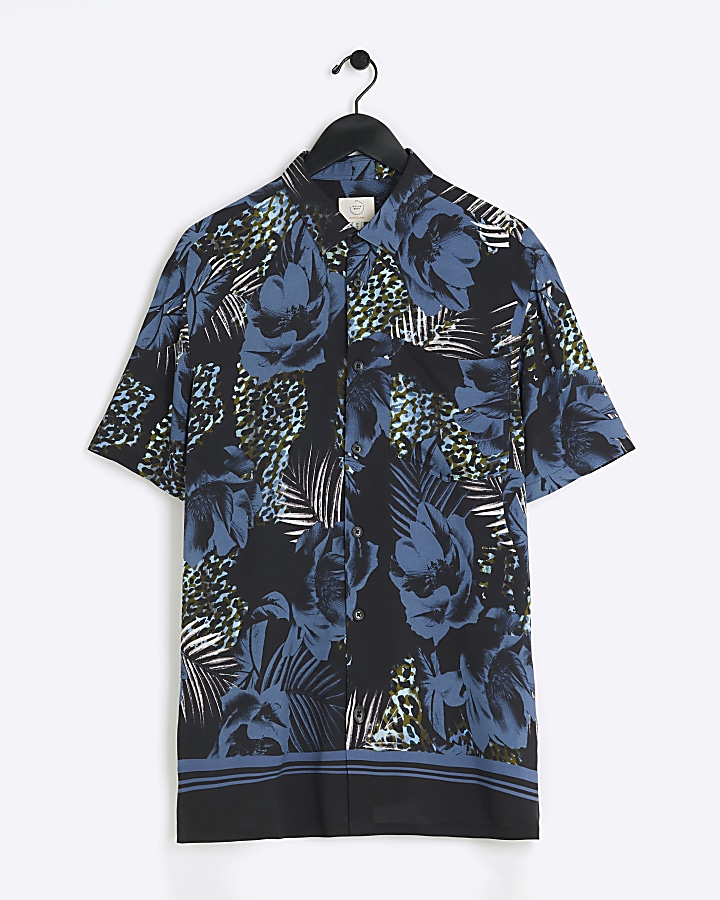 Blue regular fit floral short sleeve shirt