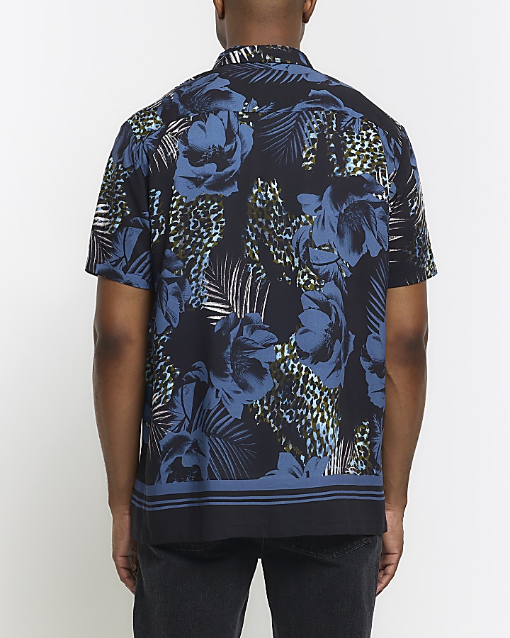 Blue regular fit floral short sleeve shirt | River Island