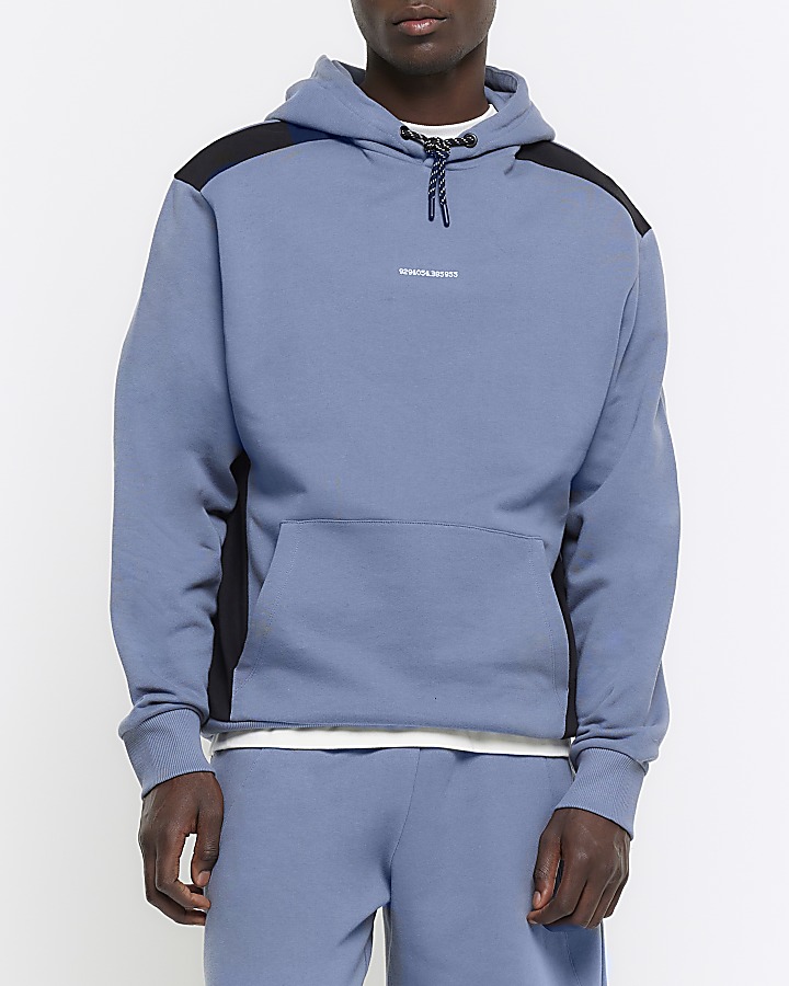 Blue regular fit colour block hoodie