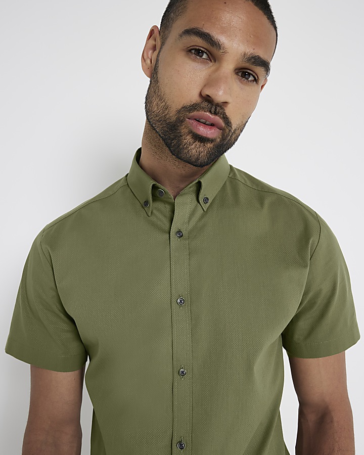 Khaki muscle fit textured smart shirt
