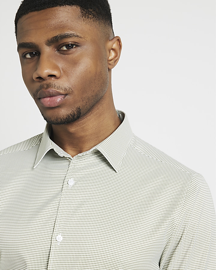 Khaki muscle fit geometric smart shirt