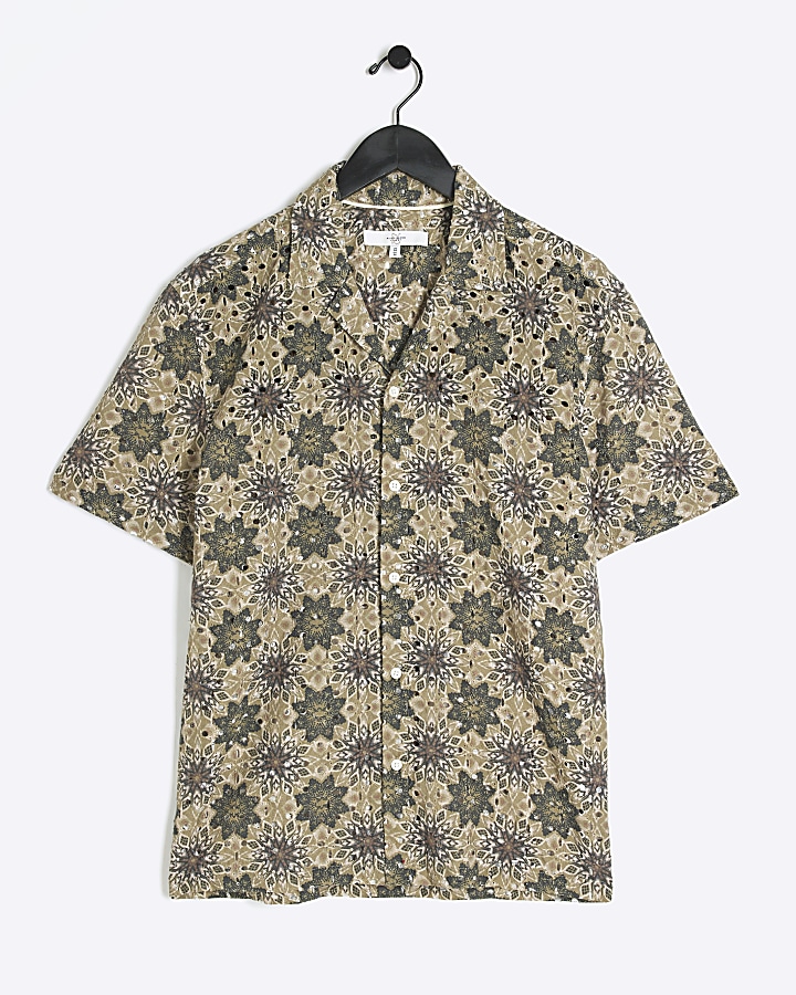 Khaki regular floral broderie revere shirt