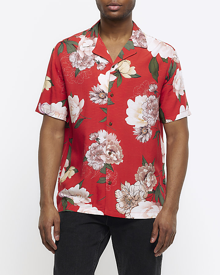 Red regular fit floral revere shirt