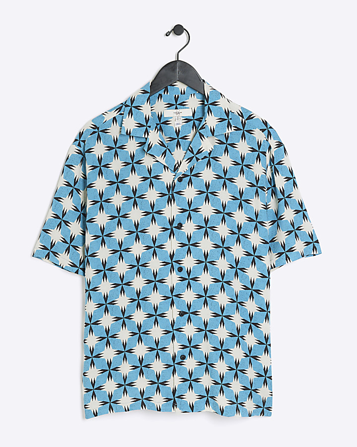 Blue regular fit geometric print revere shirt