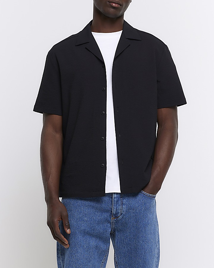 Black Regular Fit Seersucker Revere Shirt
