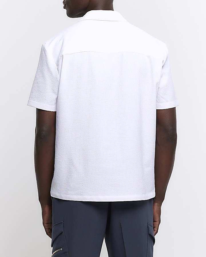 White Regular Fit Seersucker Revere Shirt