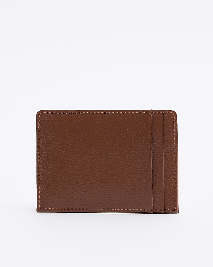 Brown leather RI decal pebbled card holder