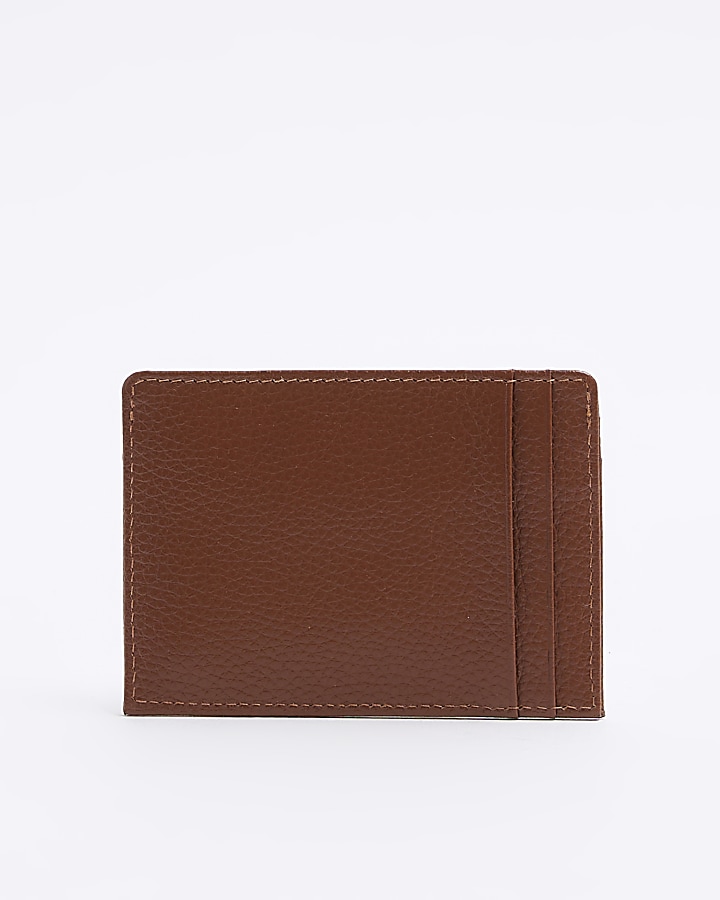 Brown leather RI decal pebbled card holder River Island