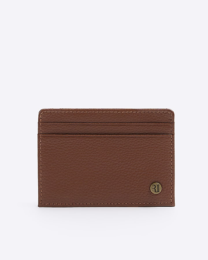 Brown leather RI decal pebbled card holder River Island