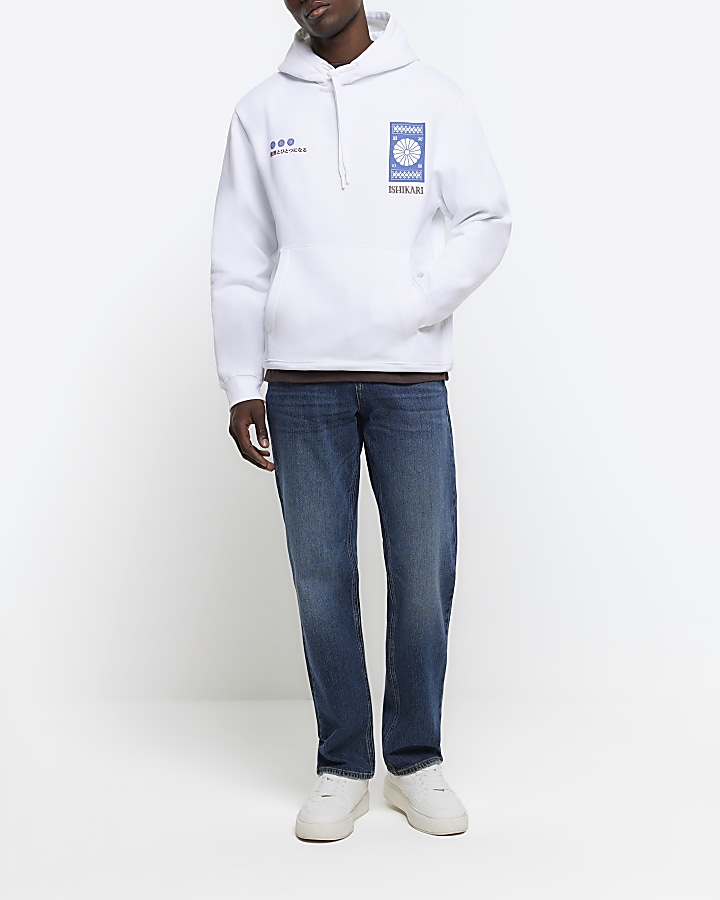 White regular fit graphic Japanese hoodie