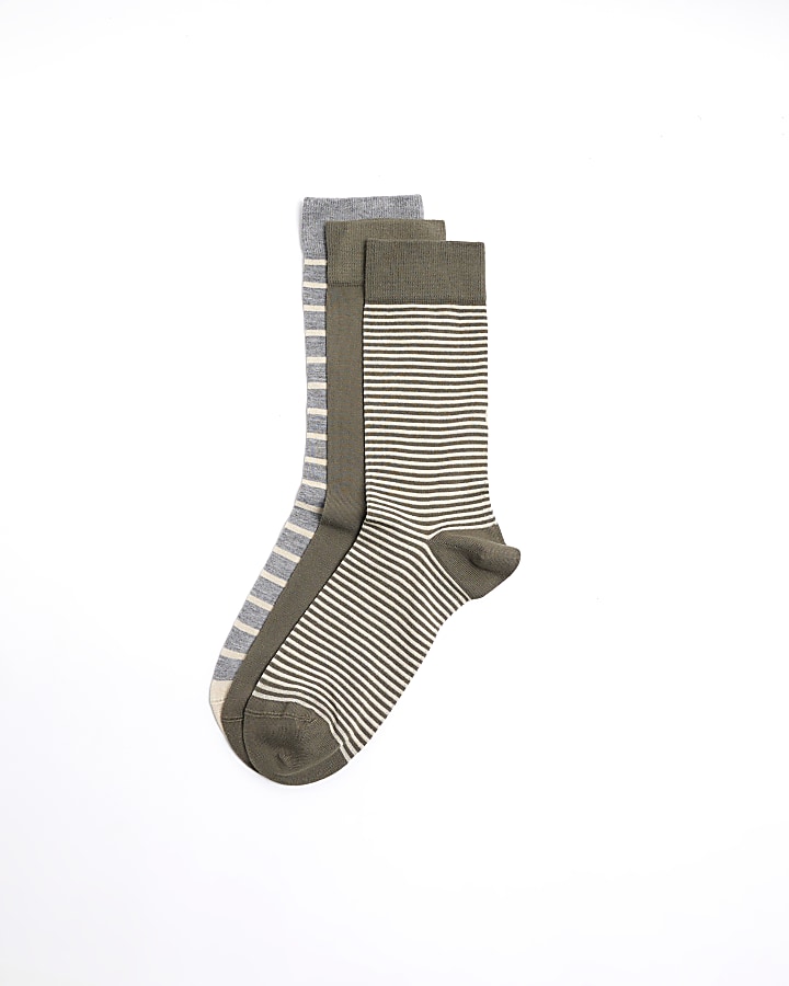 3PK khaki stripe bamboo ankle socks
