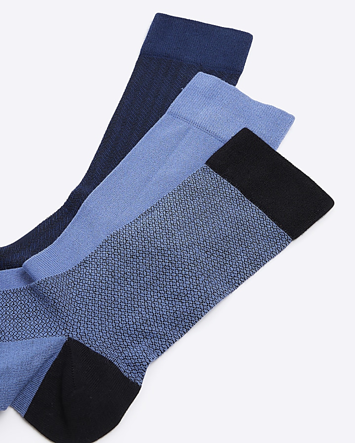 3PK blue geometric bamboo ankle socks