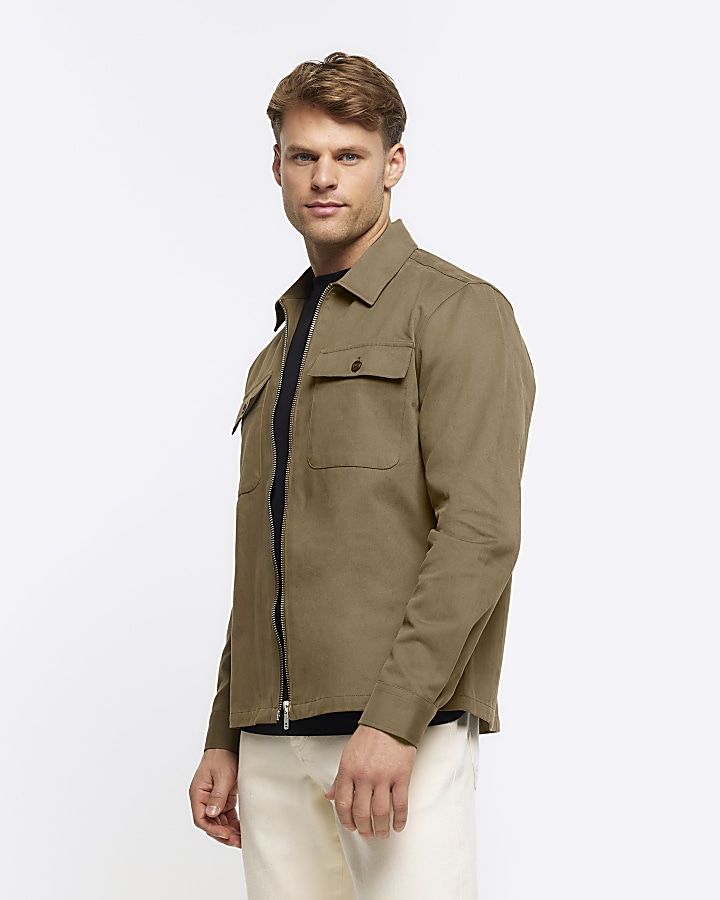 Khaki regular fit zip up overshirt