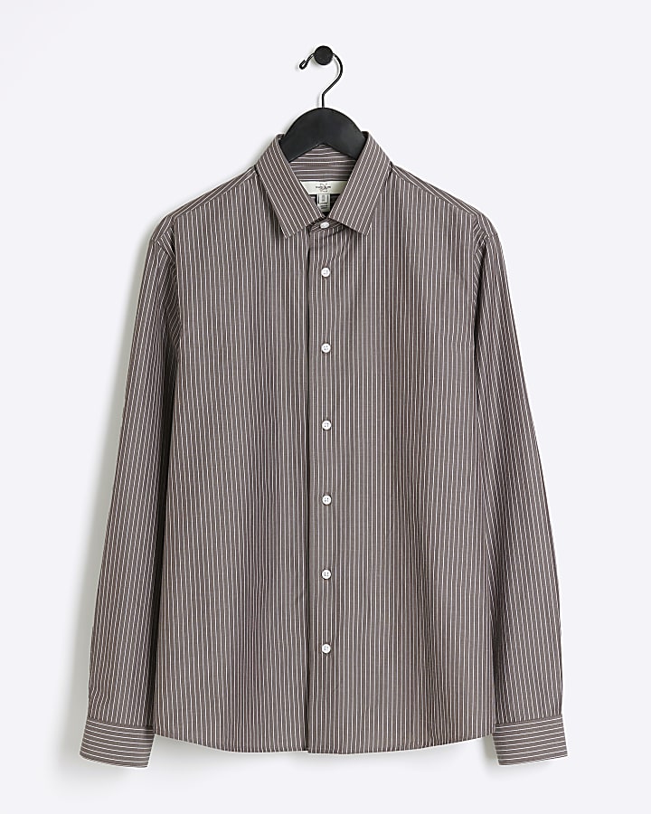 Grey regular fit stripe long sleeve shirt