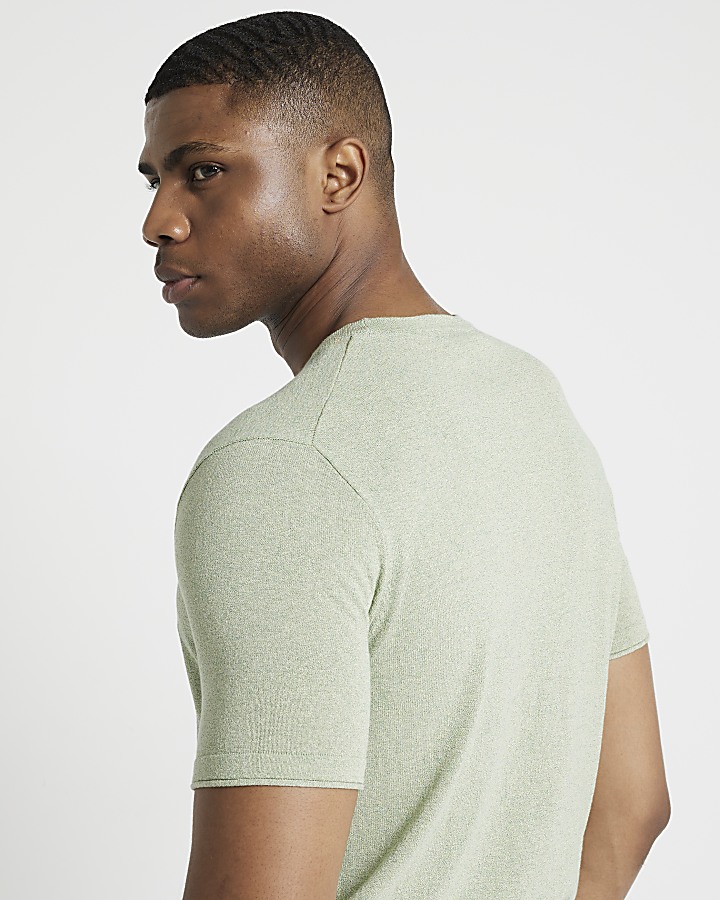 Green slim fit textured knit t-shirt