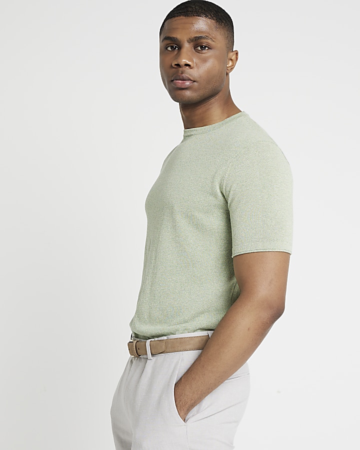 Green slim fit textured knit t-shirt