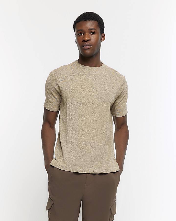 Brown slim fit knit t-shirt