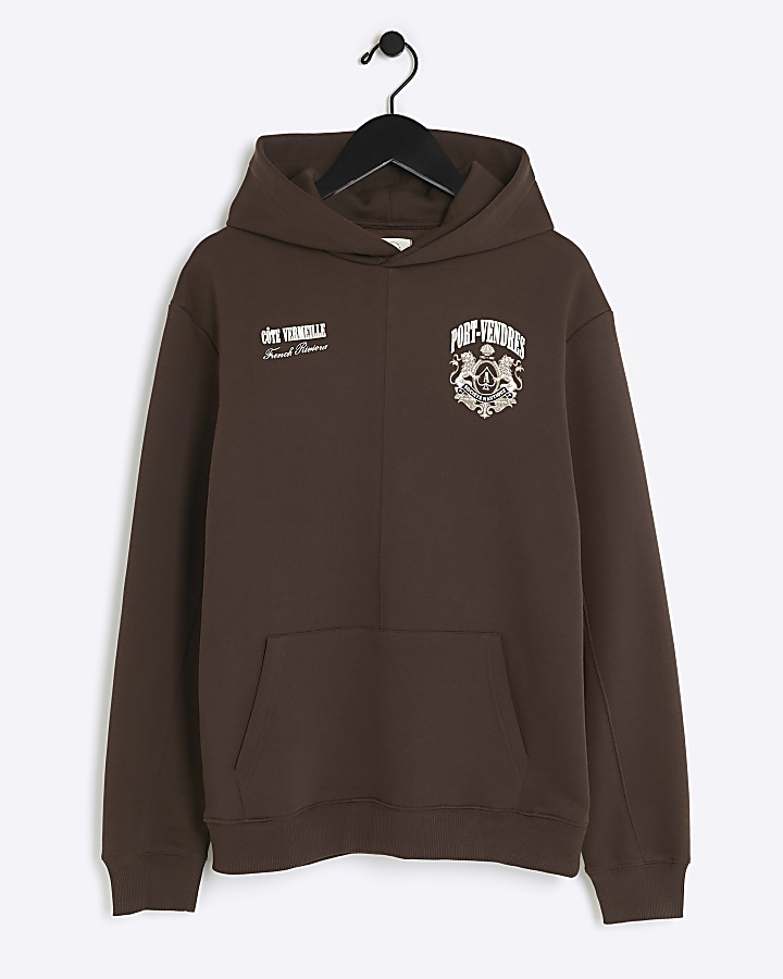 Brown regular fit graphic hoodie