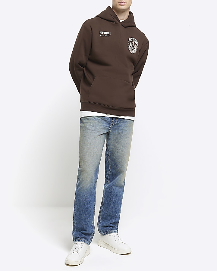 Brown regular fit graphic hoodie