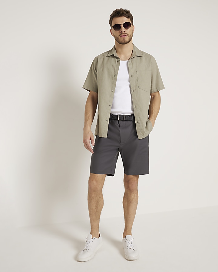 Grey slim fit belted chino shorts