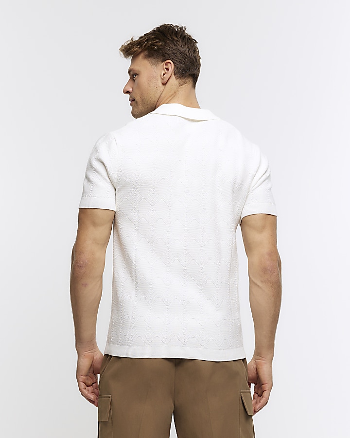 White slim fit diamond stitch knit polo shirt
