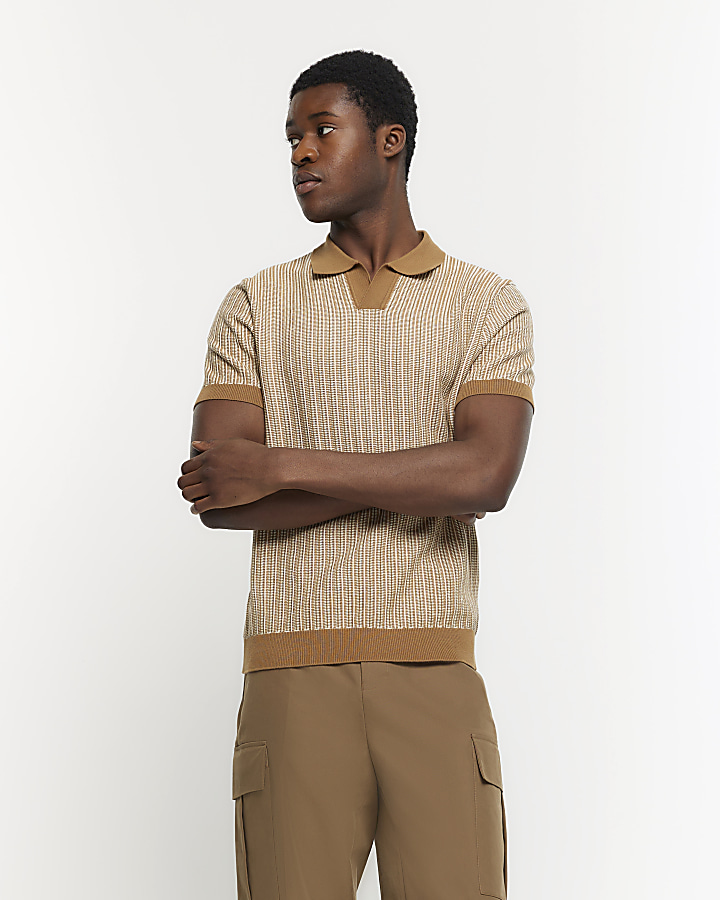 Brown slim fit knitted stripe polo