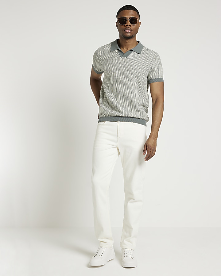 Blue slim fit knitted stripe polo | River Island