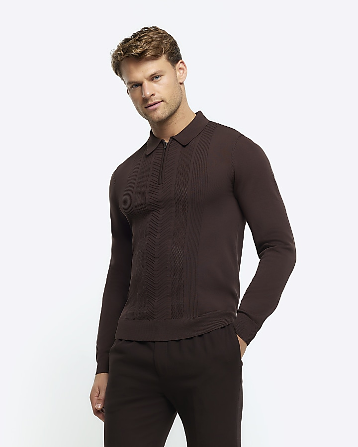 Brown muscle textured knit long sleeve polo