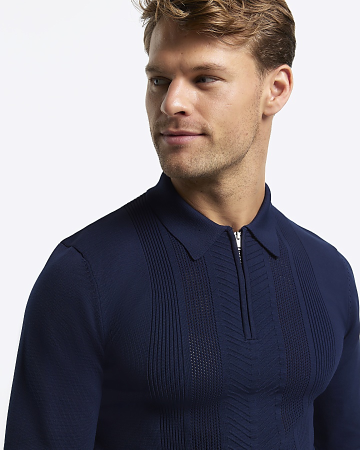 Navy muscle textured knit long sleeve polo