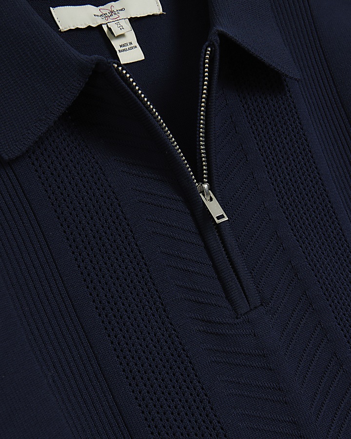 Navy muscle textured knit long sleeve polo