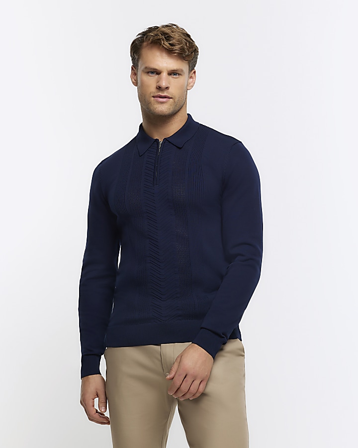 Navy muscle textured knit long sleeve polo